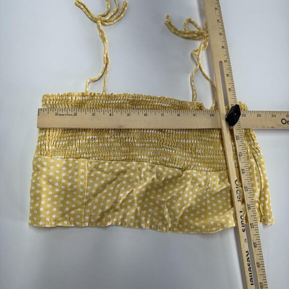 Zara Crop Top Womens Medium Yellow White Polka Dot Smocked Tie Strap Summer Cute - Picture 7 of 8